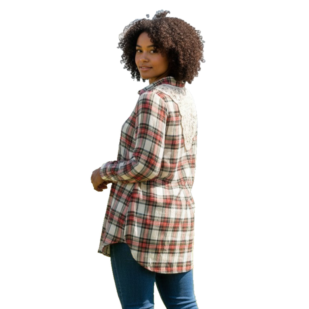 Cracker Barrel Sz M Flannel Tunic Shirt 1/4 Button Lace Panel on Back Red New